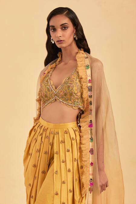Shop Aum By Asit And Ashima Yellow Modal Satin Embroidery Flower V Neck Organza Cape Dhoti Pant Set Online at Aza Fashions Shop_Aum By Asit And Ashima_Yellow Modal Satin Embroidery Flower V Neck Organza Cape Dhoti Pant Set_Online_at_Aza_Fashions