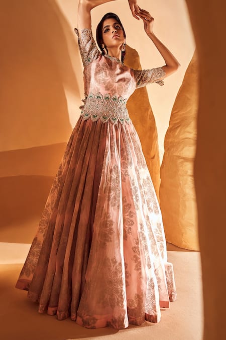 Shop_Bhumika Sharma_Pink Organza Embroidery, Pearls, Beads Round Neck Tara Print Anarkali With Belt _Online_at_Aza_Fashions