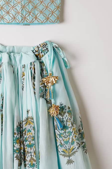 Shop_YUVRAANI JAIPUR_Blue Muslin Zari, Tassels Embroidered One Shoulder Top And Skirt _Online_at_Aza_Fashions