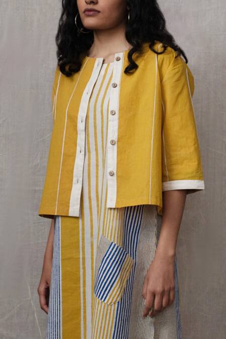Shop_Banana Labs_Blue Cotton Stripe Round Printed Dress With Overshirt _Online_at_Aza_Fashions