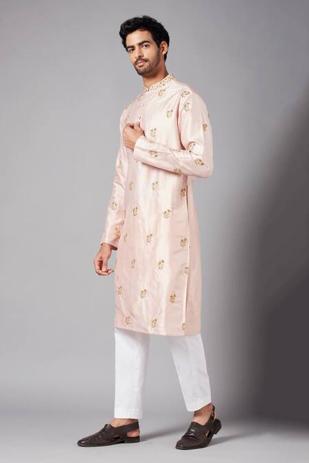 Buy_Hilo Design_Peach Cotton, Lycra, Silk Embroidery Krusos Floral Kurta Set _Online_at_Aza_Fashions