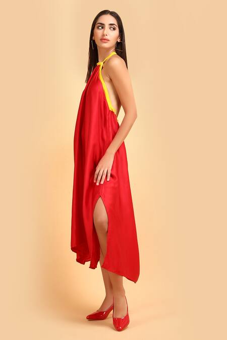 Shop_Label Ivish_Red Silk Halter Neck Gathered Dress _Online_at_Aza_Fashions