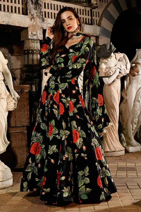 Buy_Sanam_Black Silk Sequins Asymmetric Fleur Rose Pattern Anarkali With Dupatta _Online_at_Aza_Fashions