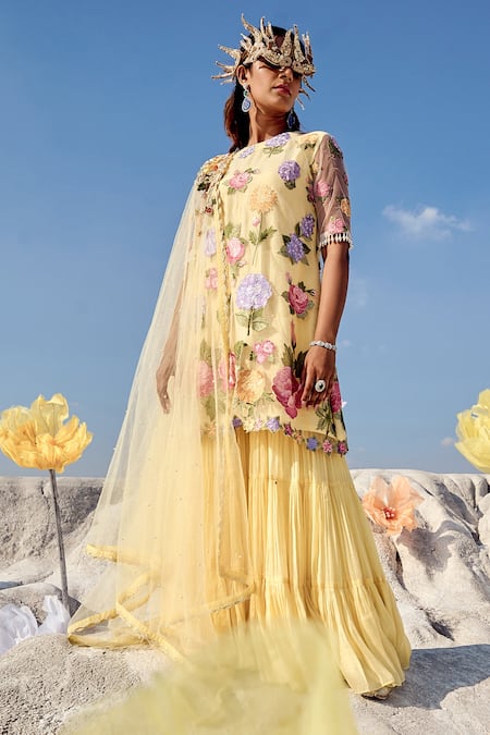 Shop_Nikita Vishakha_Yellow Organza, Modal, Mohair Embroidery, Pearls Round Neck Floral Kurta Set _Online_at_Aza_Fashions