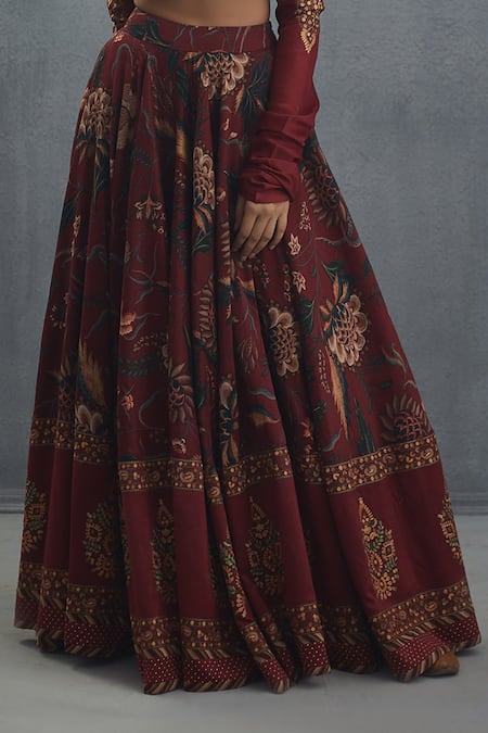 Shop Torani Maroon Handwoven Chanderi Aari Bhura Anardan Cheent Print Bridal Lehenga Set Online at Aza Fashions Shop_Torani_Maroon Handwoven Chanderi Aari Bhura Anardan Cheent Print Bridal Lehenga Set_Online_at_Aza_Fashions