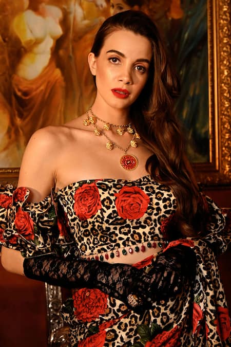 Shop_Sanam_Multi Color Georgette, Satin Stones, Heline Pre-draped Ruffle Saree And Blouse Set _Online_at_Aza_Fashions