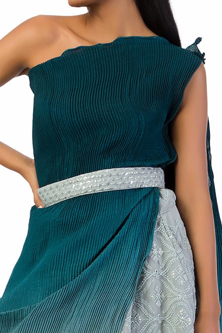 Shop_Meghna Shah_Grey Georgette, Chiffon Sequins, Embroidery Textured Pattern Top And Skirt Set_Online_at_Aza_Fashions