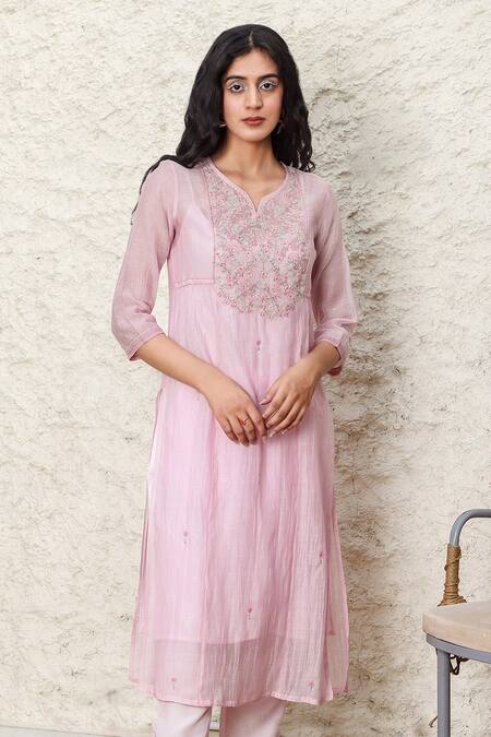 Shop Tatwa Pink Handloom Cotton, Viscose, Silk Embroidery Round Yoke Hand Kurta And Pant Set Online at Aza Fashions Shop_Tatwa_Pink Handloom Cotton, Viscose, Silk Embroidery Round Yoke Hand Kurta And Pant Set _Online_at_Aza_Fashions
