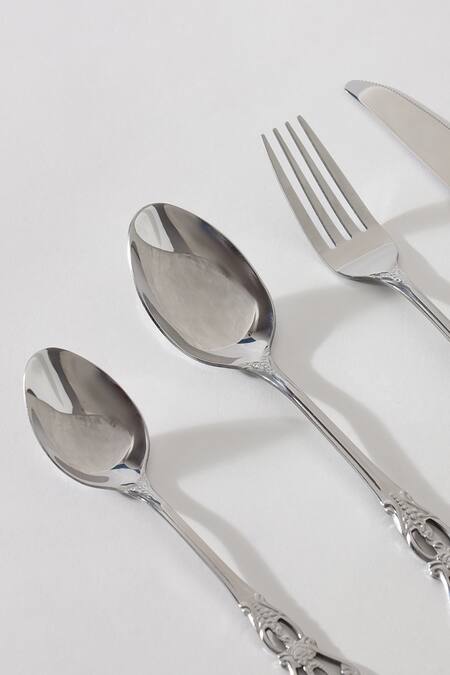 Shop_Table Manners_Silver Stainless Steel Engraved Cutlery Set_Online_at_Aza_Fashions
