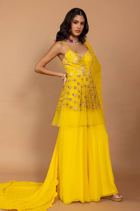 Shop_Varun Bahl_Yellow Georgette Embroidery, Sequins V-neck Peplum Jumpsuit With Dupatta _Online_at_Aza_Fashions