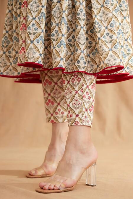 Buy Nikasha Red Cotton Sequins, Embroidery Mandarin Collar Mughal Print Tunic And Pant Set Online at Aza Fashions Buy_Nikasha_Red Cotton Sequins, Embroidery Mandarin Collar Mughal Print Tunic And Pant Set _Online_at_Aza_Fashions