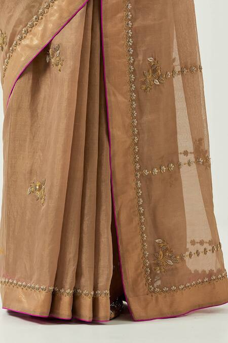 Shop_Label Earthen_Gold Tissue Embroidery Round Neck Surmai Gulab Saree With Blouse _Online_at_Aza_Fashions