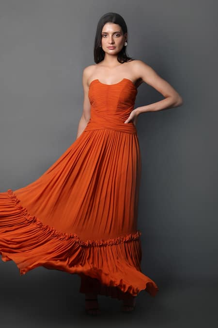 Shop Swatee Singh Orange Georgette Bandeau Neck Pleated Hem Corset Gown Online at Aza Fashions Shop_Swatee Singh_Orange Georgette Bandeau Neck Pleated Hem Corset Gown _Online_at_Aza_Fashions
