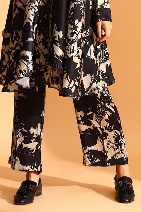 Shop_Moh India_Beige Silk, Cotton Collared Floral Print Long Tunic And Trouser Set_Online_at_Aza_Fashions