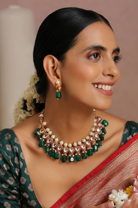 Shop_Swabhimann_Green Pearls, Diamonds Kundan Embellished Necklace Set _Online_at_Aza_Fashions