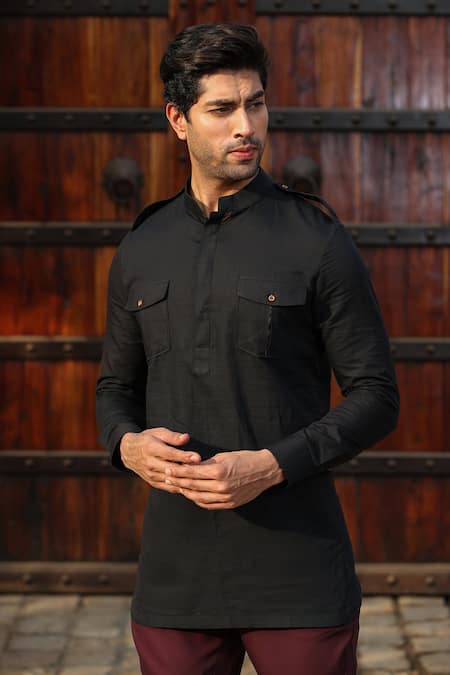 Shop_Raw & Rustic By Niti Bothra_Black Linen, Cotton Solid Shirt Kurta _Online_at_Aza_Fashions