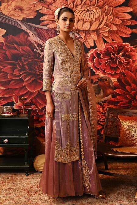 Buy_Moledro_Purple Brocade, Tissue, Silk Sequins, Vintage Embroidered Kurta Sharara Set _Online_at_Aza_Fashions