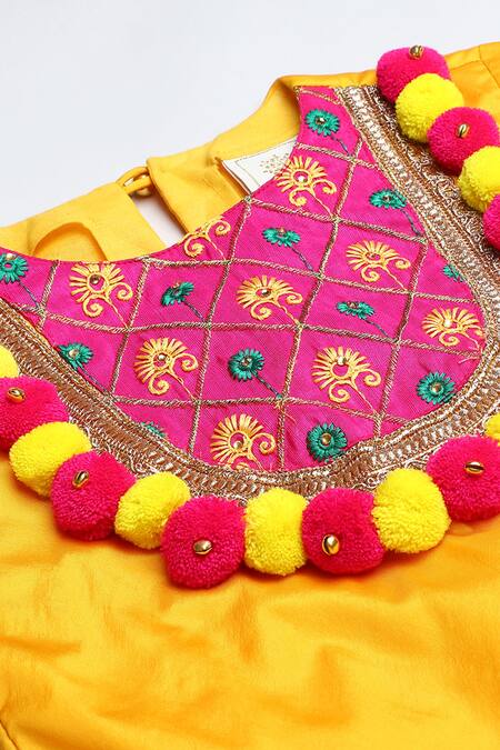 Shop_Byb Premium_Yellow Cotton, Silk, Chiffon Pom-poms, Embroidery, Tassels Kurta Salwar Set _Online_at_Aza_Fashions