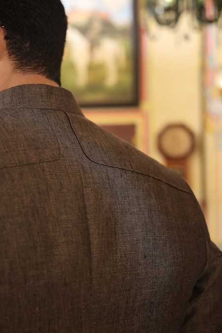 Buy_Raw & Rustic By Niti Bothra_Green Linen Plain Bandhgala And Pant Set _Online_at_Aza_Fashions