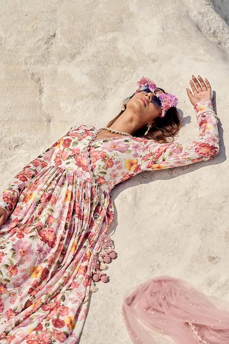 Shop_Nikita Vishakha_Pink Georgette Embroidery, Tassels V-neck Floral Print Anarkali Set _Online_at_Aza_Fashions