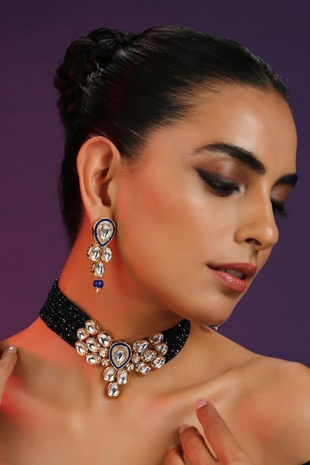 Shop_Swabhimann_Blue Diamonds, Stones Kundan Studded Layered Necklace Set _Online_at_Aza_Fashions