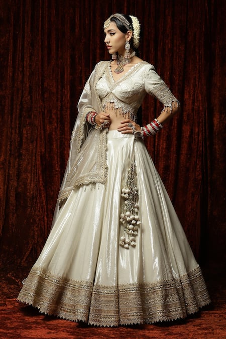 Buy Shikhar Sharma Silver Net, Tissue, Chanderi Beads, Chandni Gota And Zari Bridal Lehenga Set Online at Aza Fashions Buy_Shikhar Sharma_Silver Net, Tissue, Chanderi Beads, Chandni Gota And Zari Bridal Lehenga Set _Online_at_Aza_Fashions