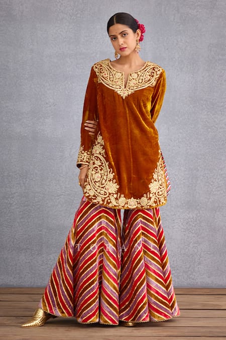 Torani_Yellow Velvet, Cotton Voile, Crepe And Aftaabi Nutan Kurta Sharara Set _Online_at_Aza_Fashions