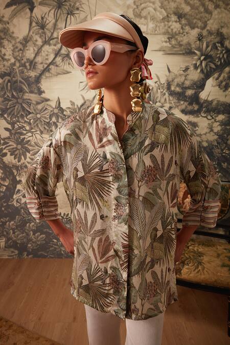 Shop Kalista Ivory Cotton Satin, Viscose Mandarin Camila Tropical Pattern Tunic And Pant Set Online at Aza Fashions Shop_Kalista_Ivory Cotton Satin, Viscose Mandarin Camila Tropical Pattern Tunic And Pant Set _Online_at_Aza_Fashions