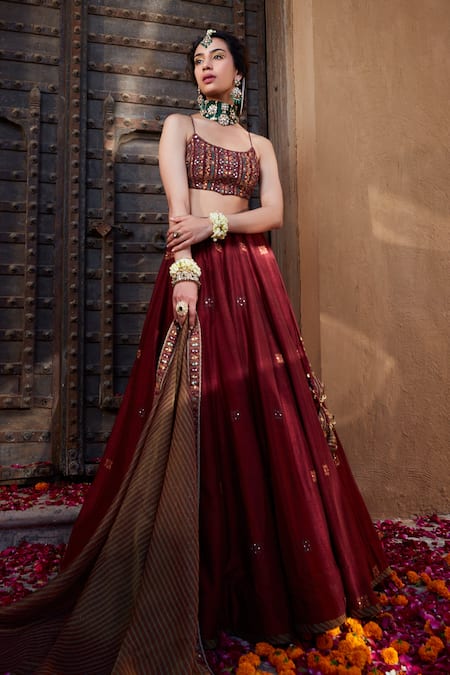 Buy_Kritika Dawar_Maroon Silk, Tissue Mirrors, Embroidery Scoop Neck Placement Lehenga Set _Online_at_Aza_Fashions