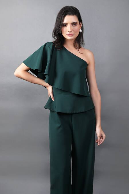 Shop_Swatee Singh_Green Crepe One Shoulder Solid Jumpsuit_Online_at_Aza_Fashions