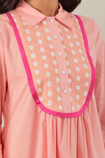 Shop_The Indian Cause_Peach Cotton Embroidery, Sequins Collared Yoke Dress_Online_at_Aza_Fashions