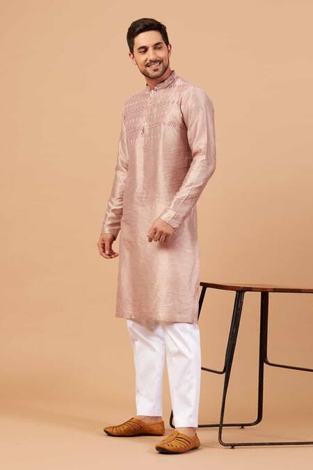 Buy_Hilo Design_Beige Cotton, Lycra, Silk Embroidery Florne Mandarin Collar Kurta Set _Online_at_Aza_Fashions