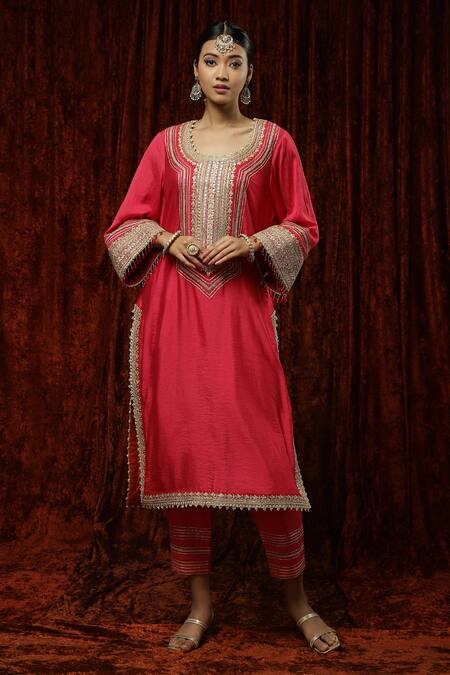 Shop Shikhar Sharma Pink Silk, Georgette, Chanderi Pearls, Embroidery, Gota Patti, Kurta Pant Set Online at Aza Fashions Shop_Shikhar Sharma_Pink Silk, Georgette, Chanderi Pearls, Embroidery, Gota Patti, Kurta Pant Set _Online_at_Aza_Fashions