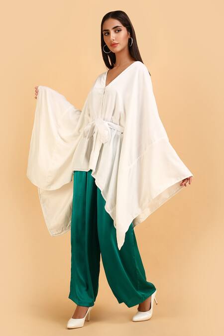 Shop_Label Ivish_White Silk Satin V-neck Kimono Jacket And Green Trouser Set _Online_at_Aza_Fashions