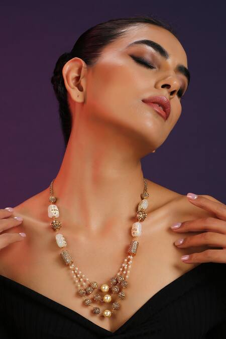 Shop_Swabhimann_Gold Plated Pearl Embellished Layered Necklace _Online_at_Aza_Fashions