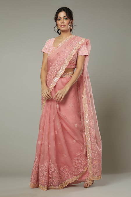 I Am Design_Pink Silk Organza Floral Pattern, Sequins Cutdana Candy Floss Embroidered Saree _at_Aza_Fashions