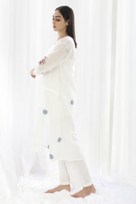 Shop_Khat_White Cotton V-neck Polka Pattern Tunic And Pant Set _Online_at_Aza_Fashions
