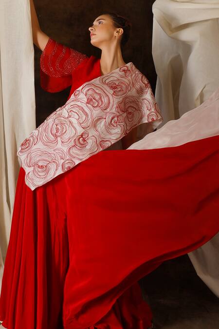 Shop_Eclat By Prerika Jalan_Red Satin, Organza, Crepe Cut Work V-neck Embroidered Top And Flared Pant Set _Online_at_Aza_Fashions