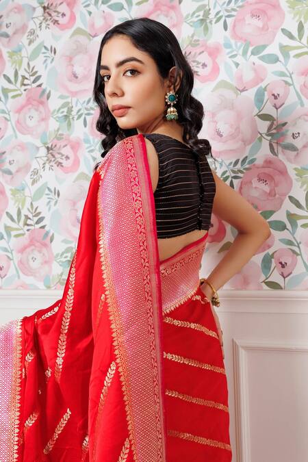 Shop_Paaprika_Pink , Chanderi Zari, Embroidery Handwoven Mashru Saree _Online_at_Aza_Fashions