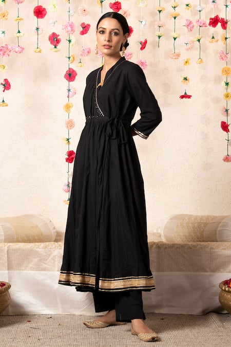 Shop_Marche_Black Dupatta  Kota Doria, Kurta And Pant  Cotton V Neck Kalidar Angrakha Set _Online_at_Aza_Fashions