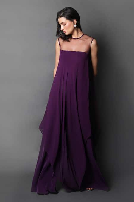 Shop_Swatee Singh_Purple Georgette, Hemp Round Neck Sheer Handkerchief Draped Jumpsuit _Online_at_Aza_Fashions