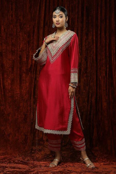 Shop Shikhar Sharma Red Silk Chanderi Embroidered Pearl V Neck Kurta Pant Set Online at Aza Fashions Shop_Shikhar Sharma_Red Silk Chanderi Embroidered Pearl V Neck Kurta Pant Set _Online_at_Aza_Fashions