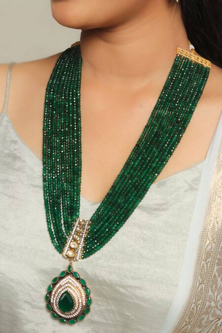 Shop Ishhaara Green Diamonds, Stones American Embellished Necklace Set Online at Aza Fashions Shop_Ishhaara_Green Diamonds, Stones American Embellished Necklace Set _Online_at_Aza_Fashions