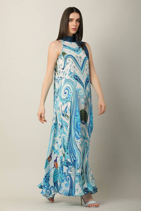 Buy Limerick By Abirr N' Nanki Multi Color Organza, Crepe Halter Neck Inez Statement Print Maxi Dress Online at Aza Fashions Buy_Limerick By Abirr N' Nanki_Multi Color Organza, Crepe Halter Neck Inez Statement Print Maxi Dress _Online_at_Aza_Fashions