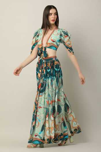 Buy_Limerick By Abirr N' Nanki_Multi Color Crepe Embroidery Plunge Neck Lile Peacock Print Crop Top _Online_at_Aza_Fashions