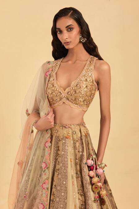 Shop Aum By Asit And Ashima Multi Color Silk Hand Embroidered Mirror Vintage Pattern Bridal Lehenga Set Online at Aza Fashions Shop_Aum By Asit And Ashima_Multi Color Silk Hand Embroidered Mirror Vintage Pattern Bridal Lehenga Set_Online_at_Aza_Fashions
