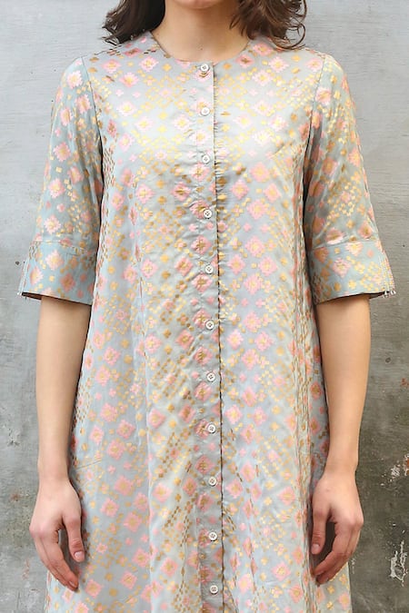 Shop_I Am Design_Green Silk Ikat Print Round Layered Kurta And Pant Set _Online_at_Aza_Fashions