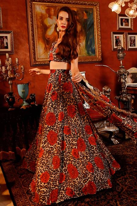 Shop_Sanam_Multi Color Organza Sequins, Beads, Mirabelle Floral And Leopard Print Lehenga Set _Online_at_Aza_Fashions