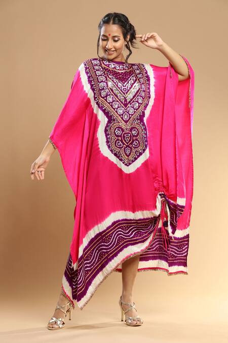 Shop_Etasha By Asha Jain_Purple Gabardine Mirrors, Crystals Round Embellished Bandhani Pattern Kaftan _Online_at_Aza_Fashions