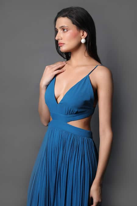 Shop Swatee Singh Blue Georgette Plunge Neck Strappy Sleeve Pleated Gown Online at Aza Fashions Shop_Swatee Singh_Blue Georgette Plunge Neck Strappy Sleeve Pleated Gown _Online_at_Aza_Fashions